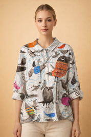 Breathable Cotton-Linen Shirt for Women – Comfortable Bird-Print Shirt – Lillian