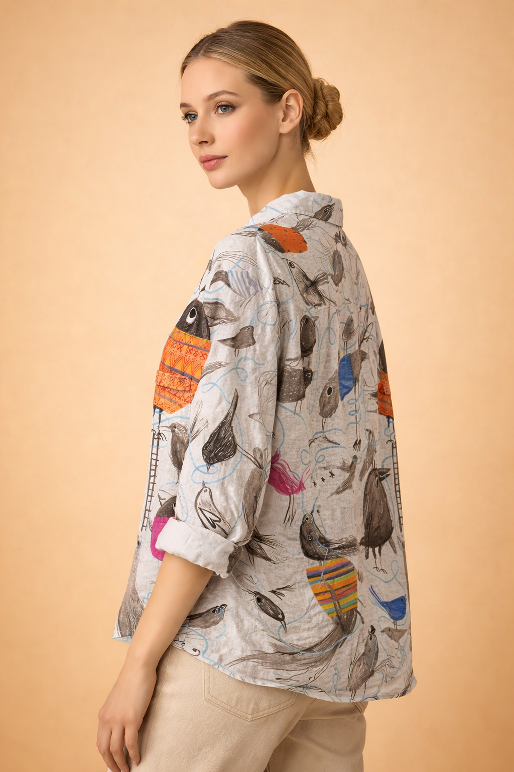 Breathable Cotton-Linen Shirt for Women – Comfortable Bird-Print Shirt – Lillian