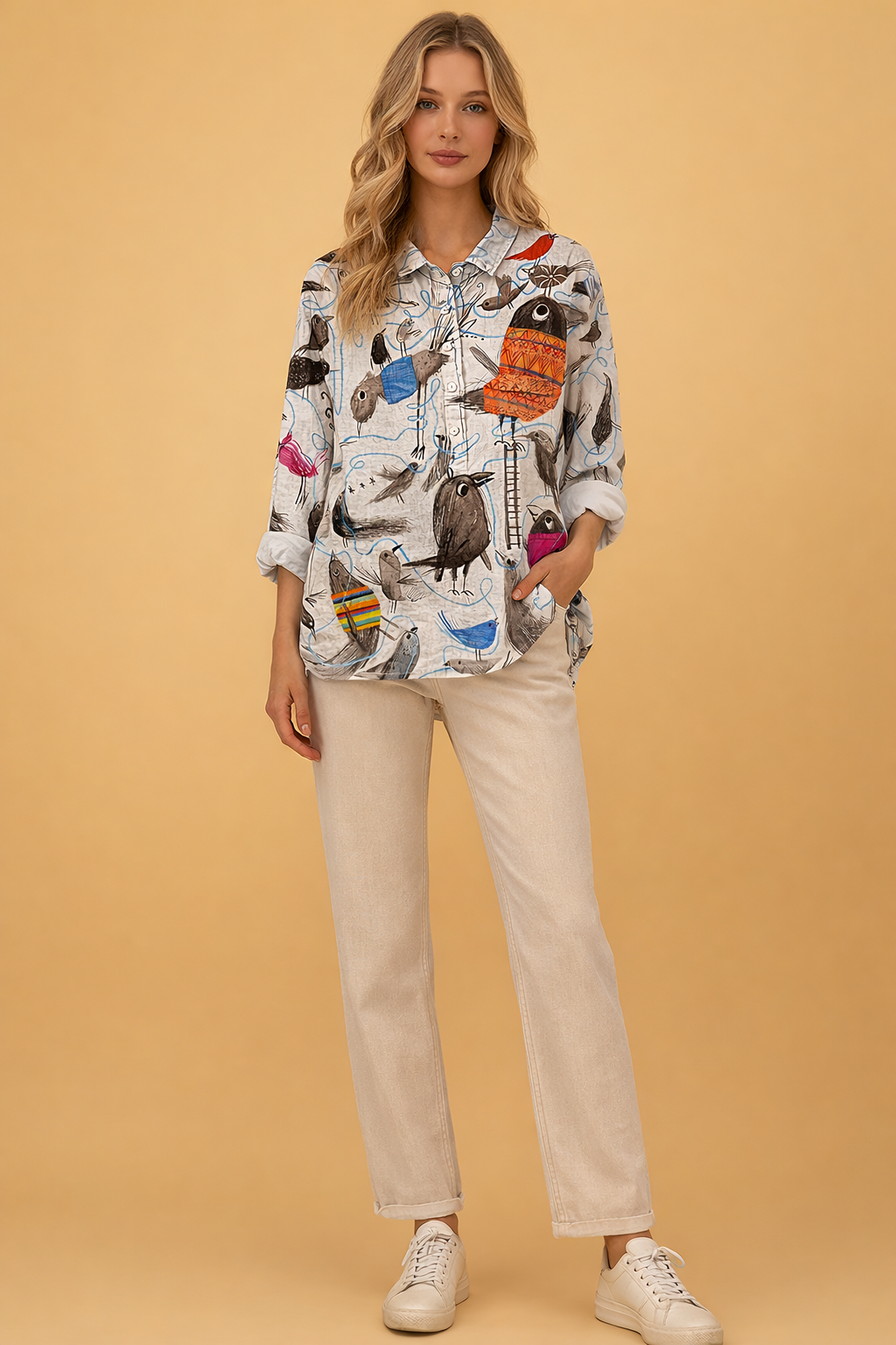 Breathable Cotton-Linen Shirt for Women – Comfortable Bird-Print Shirt – Lillian