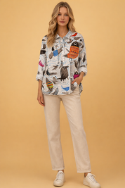 Breathable Cotton-Linen Shirt for Women – Comfortable Bird-Print Shirt – Lillian