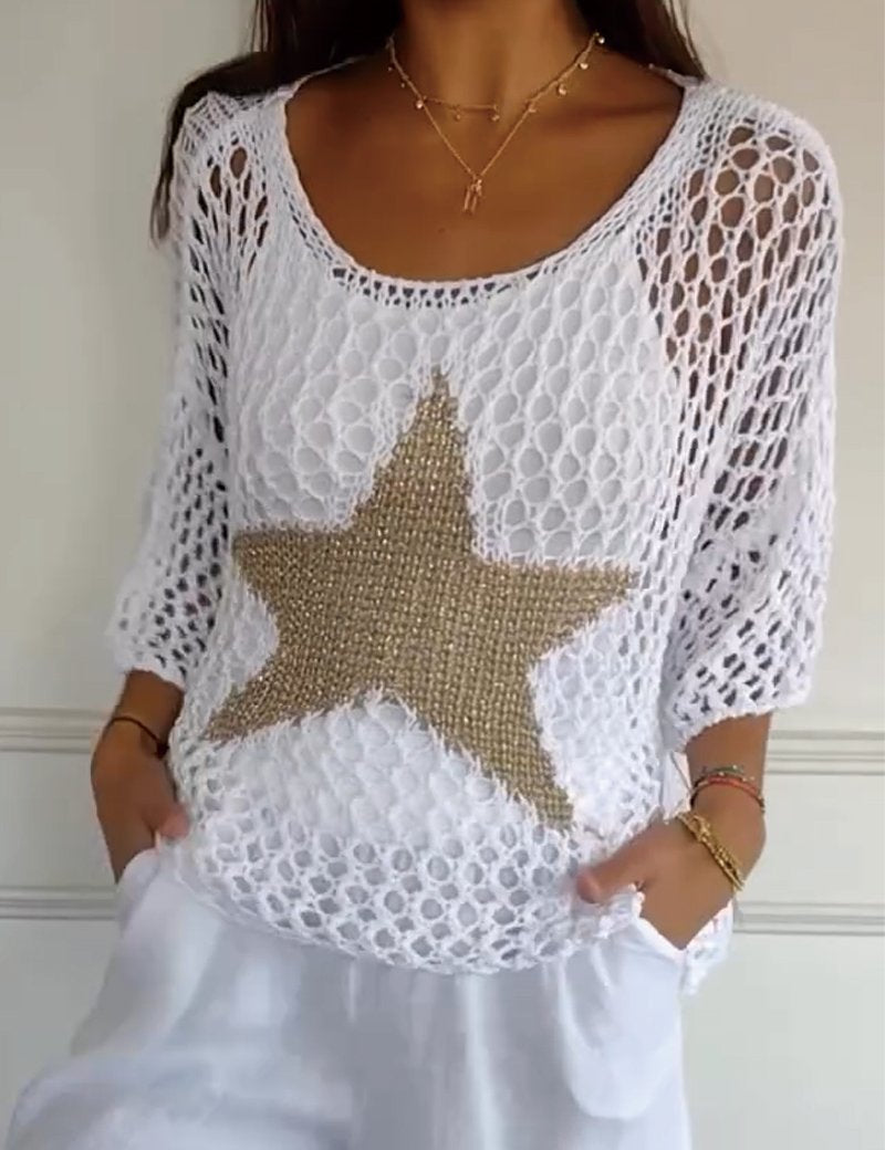 Sheer Star-Print Crop Shirt for Women – Crochet Beach Cover-Up Top – Celia 0