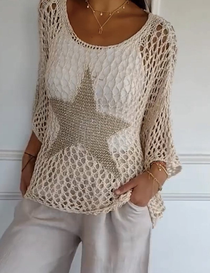 Sheer Star-Print Crop Shirt for Women – Crochet Beach Cover-Up Top – Celia 1