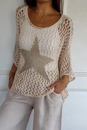 Sheer Star-Print Crop Shirt for Women – Crochet Beach Cover-Up Top – Celia 1