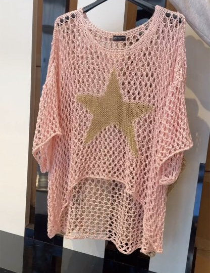 Sheer Star-Print Crop Shirt for Women – Crochet Beach Cover-Up Top – Celia 3
