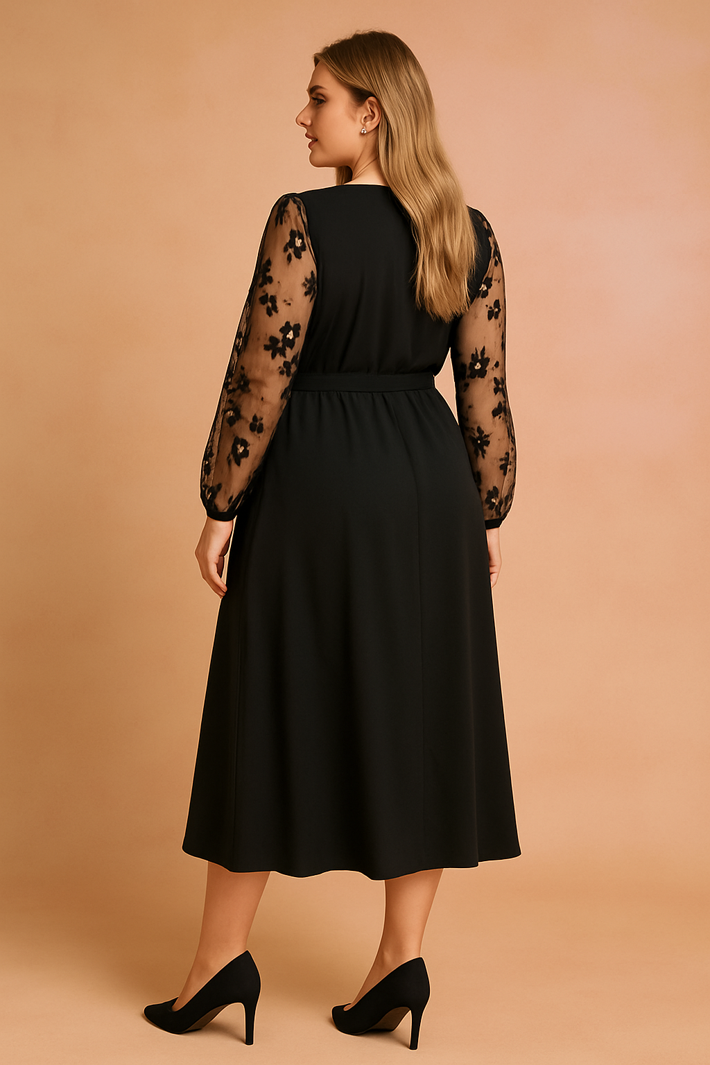 Plus-Size Black Wrap Dress for Women – Elegant Occasion Dress with Sheer Sleeves – Nita