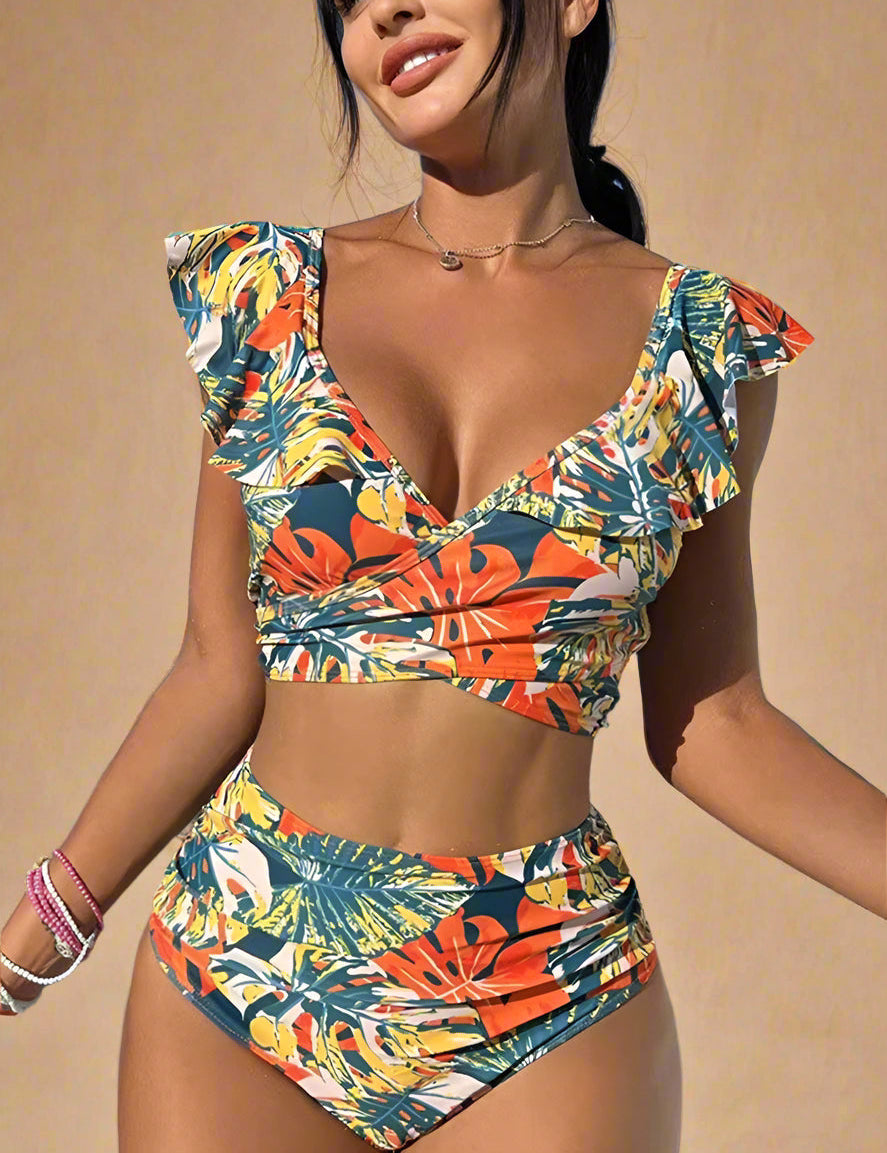 Tropical Ruffle Bikini for Women – Two-Piece High-Waisted Swimwear 0