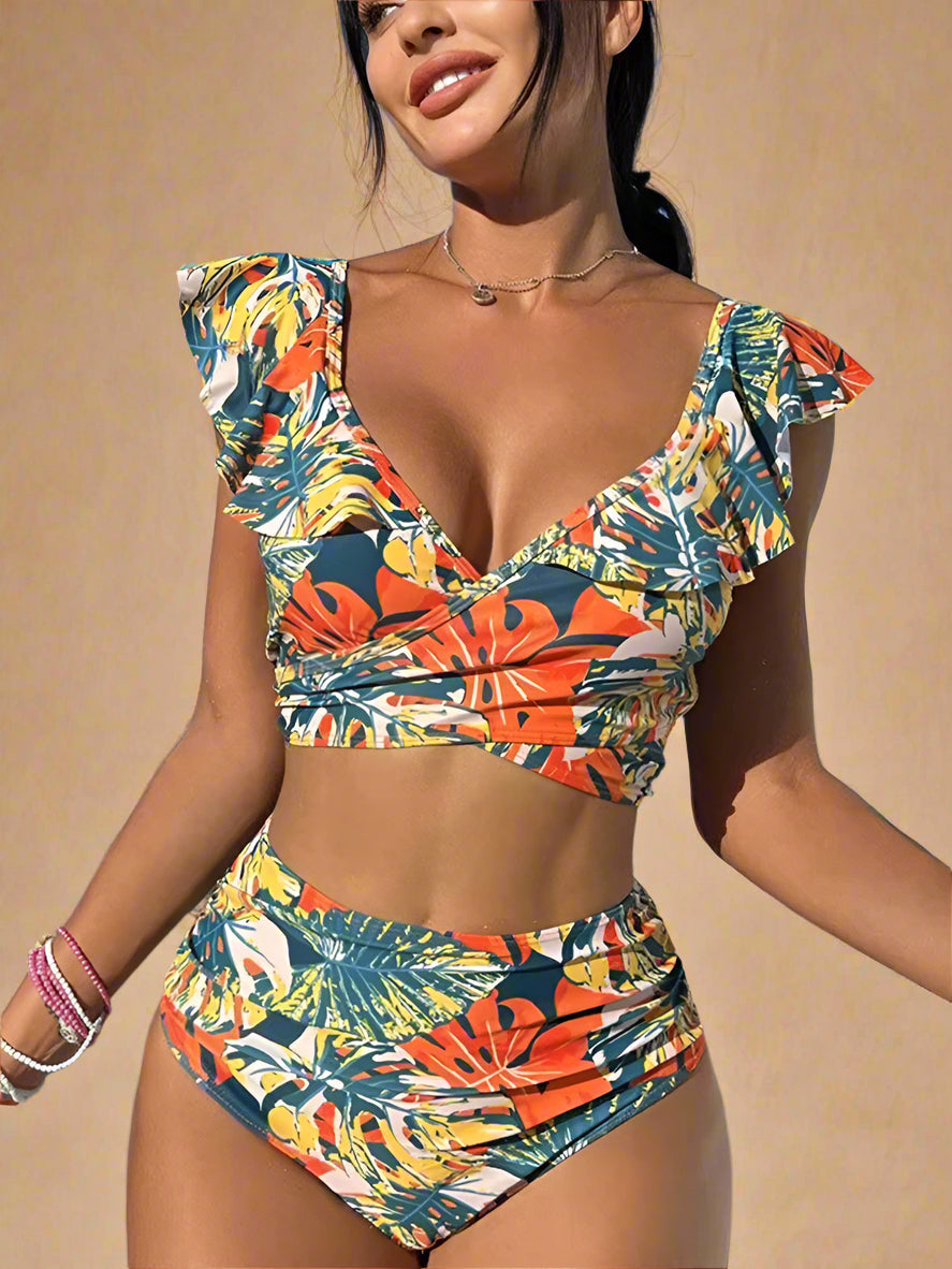 Tropical Ruffle Bikini for Women – Two-Piece High-Waisted Swimwear 0