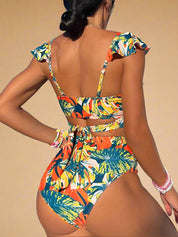 Tropical Ruffle Bikini for Women – Two-Piece High-Waisted Swimwear 1