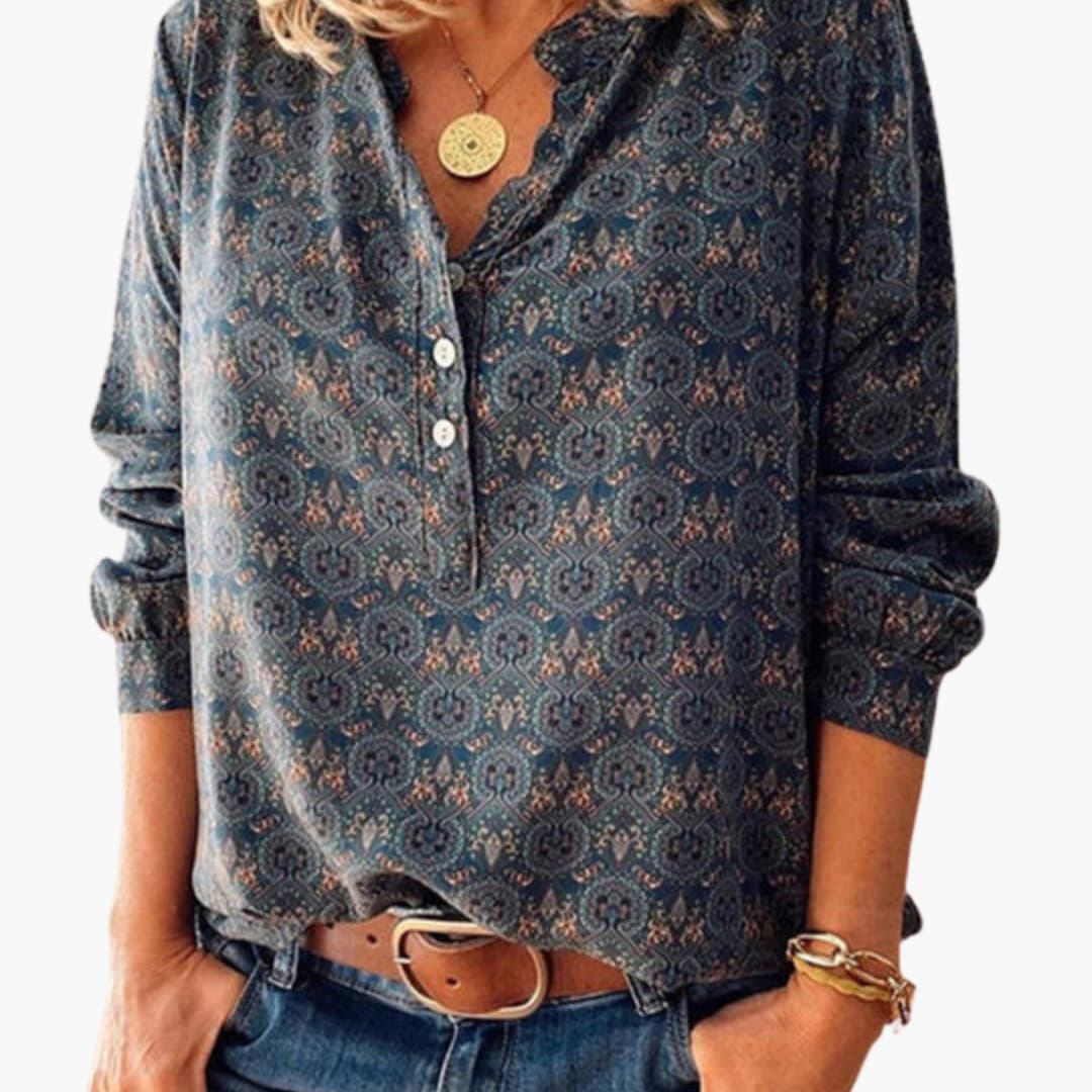 Long-Sleeve Vintage-Style Blouse for Women – Collared Button-Up Blouse 0