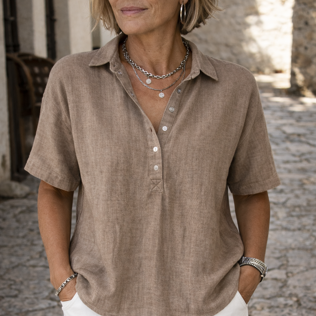 Linen-Look Summer Blouse for Women – Elegant Collared Button-Up for Warm Days 0