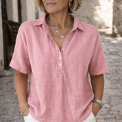 Linen-Look Summer Blouse for Women – Elegant Collared Button-Up for Warm Days 4