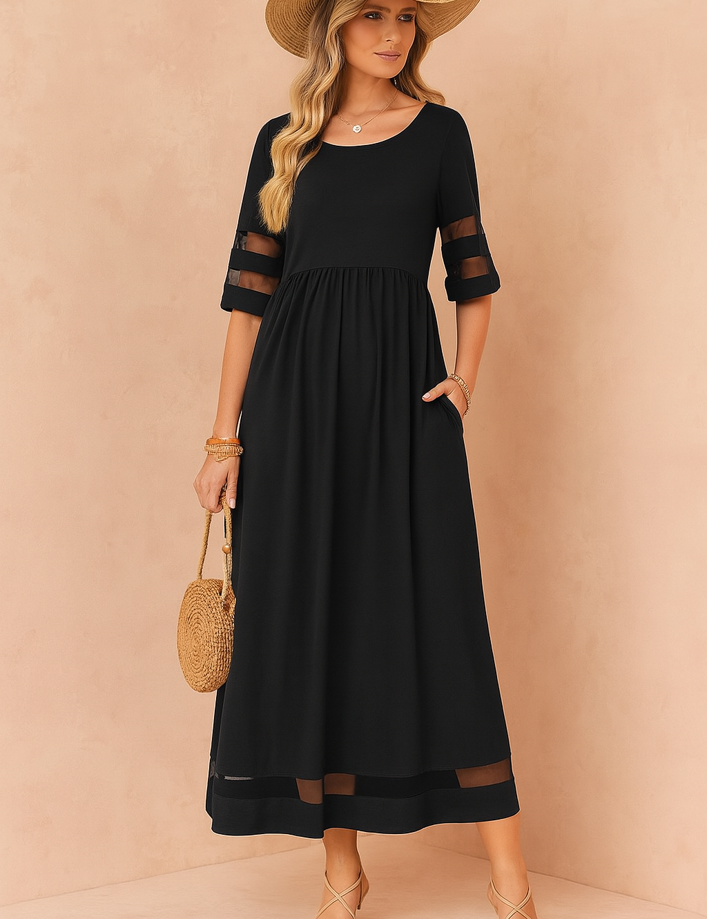 Maxi Dress for Women with Pockets – Elegant Round-Neck Occasion Dress 0