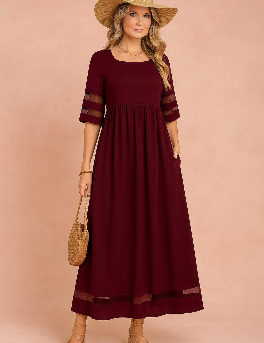 Maxi Dress for Women with Pockets – Elegant Round-Neck Occasion Dress 1
