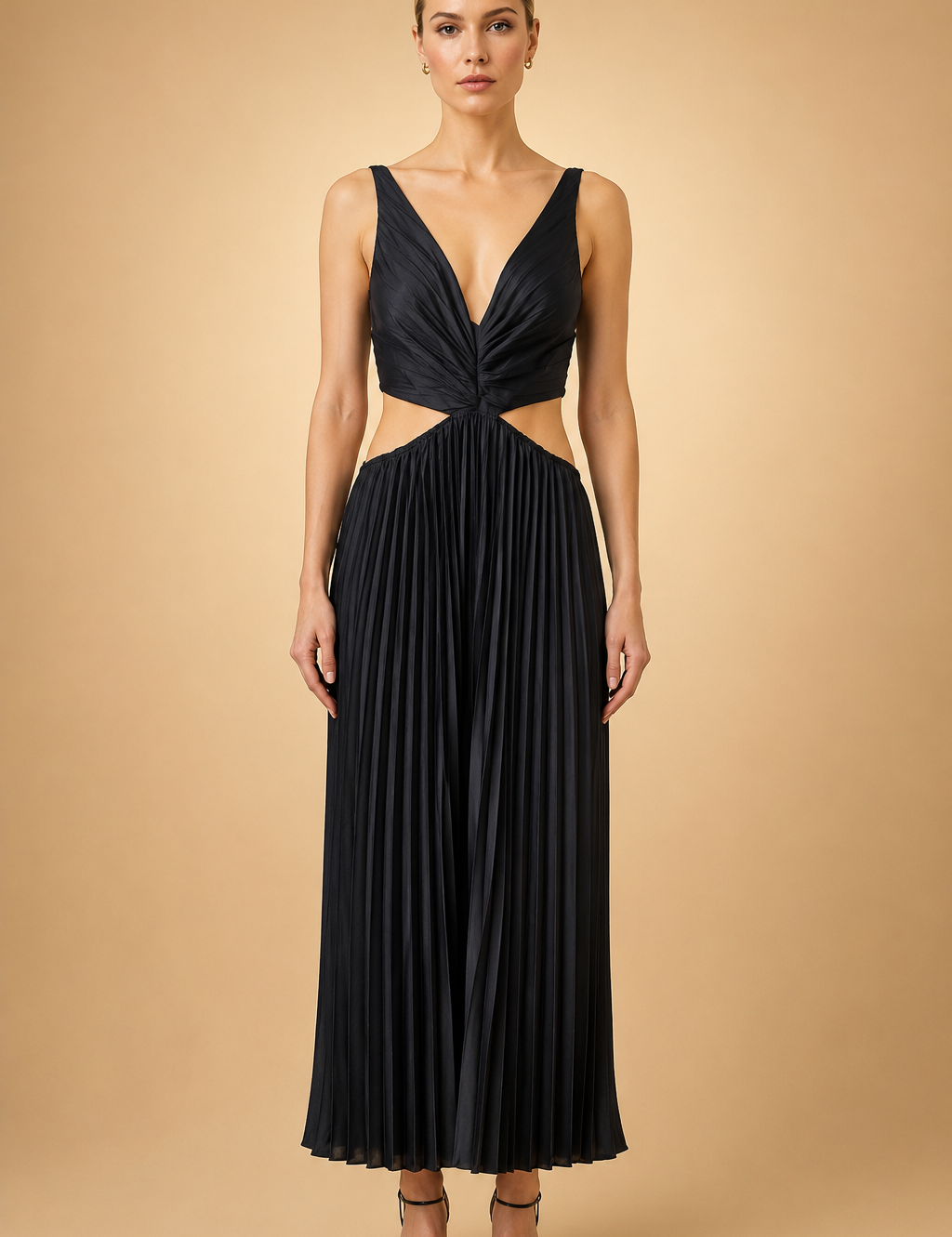 Pleated Midi Dress with V-Neck – Elegant Wedding Guest & Evening Dress