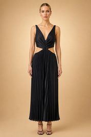 Pleated Midi Dress with V-Neck – Elegant Wedding Guest & Evening Dress
