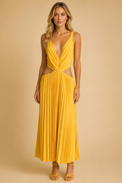 Pleated Midi Dress with V-Neck – Elegant Wedding Guest & Evening Dress
