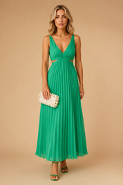 Pleated Midi Dress with V-Neck – Elegant Wedding Guest & Evening Dress