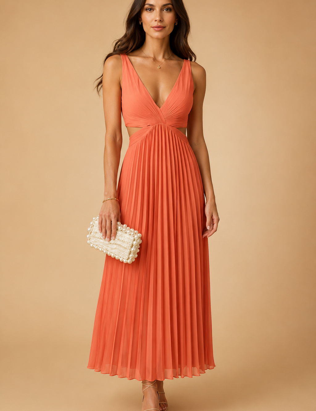 Pleated Midi Dress with V-Neck – Elegant Wedding Guest & Evening Dress