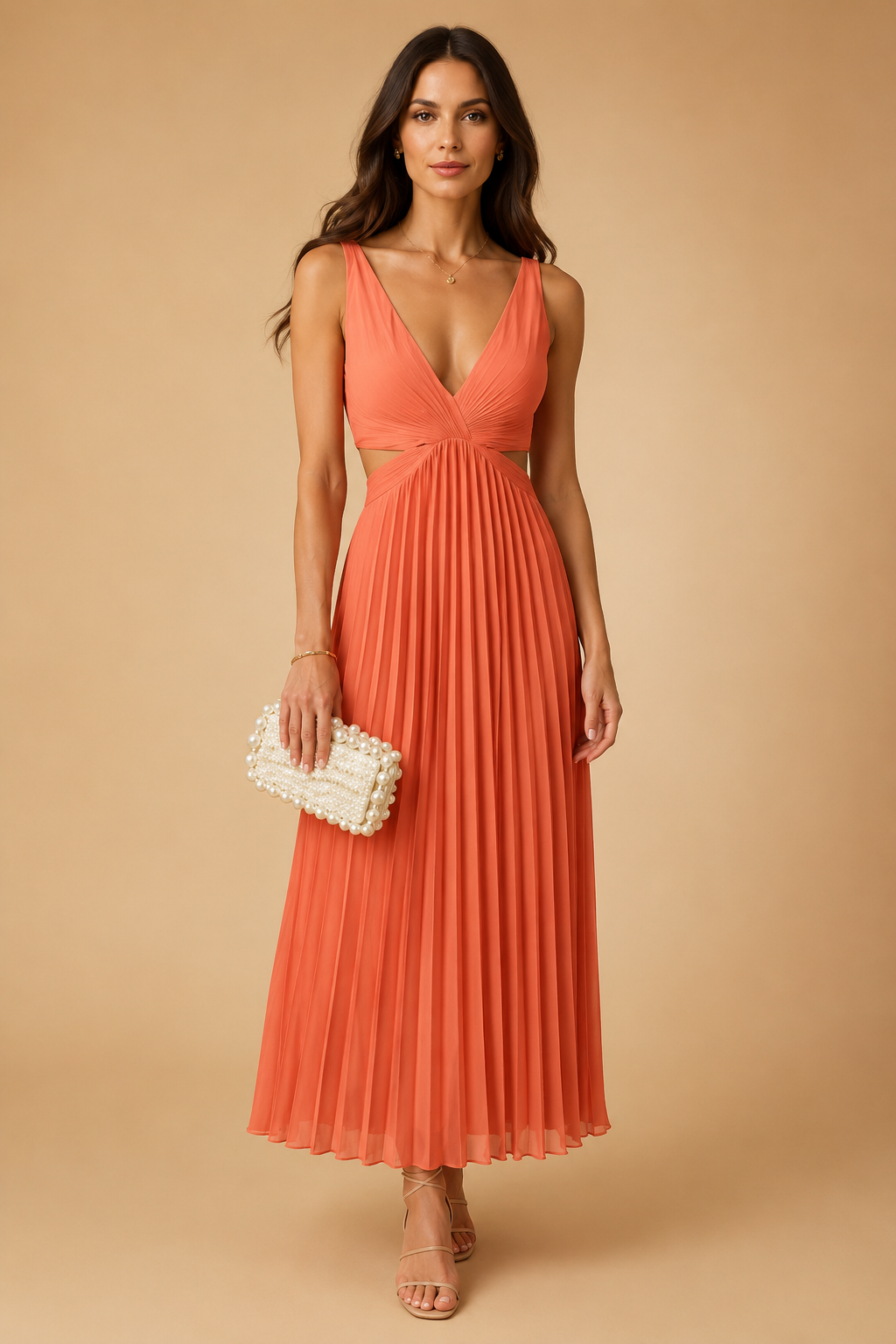Pleated Midi Dress with V-Neck – Elegant Wedding Guest & Evening Dress