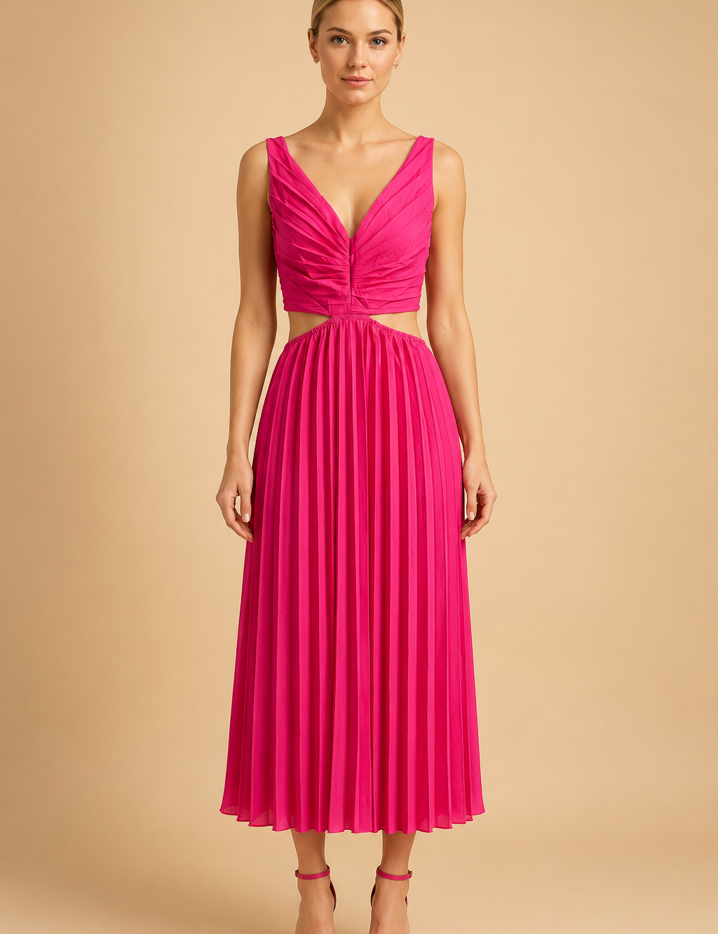 Pleated Midi Dress with V-Neck – Elegant Wedding Guest & Evening Dress