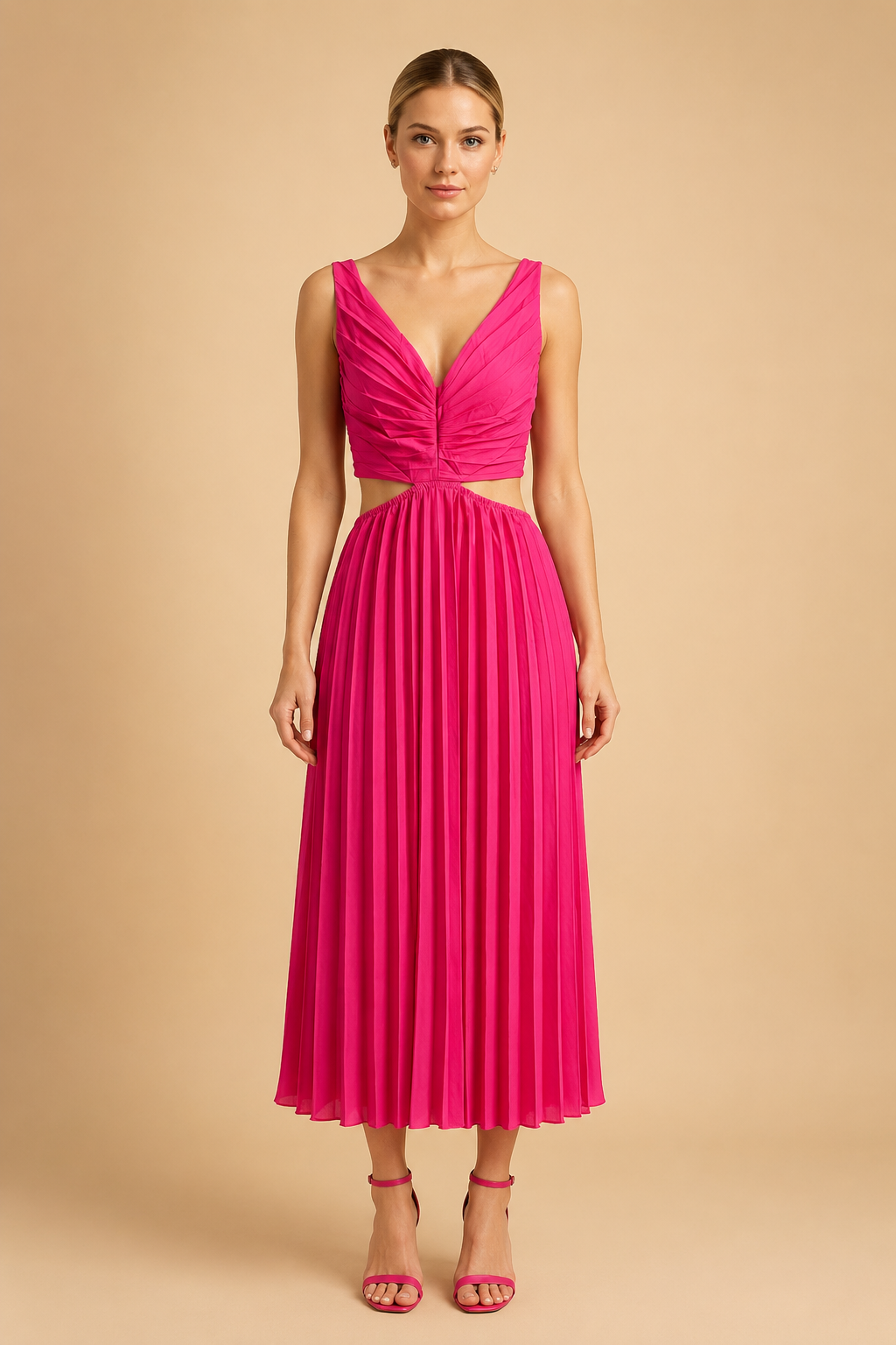 Pleated Midi Dress with V-Neck – Elegant Wedding Guest & Evening Dress