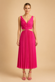 Pleated Midi Dress with V-Neck – Elegant Wedding Guest & Evening Dress