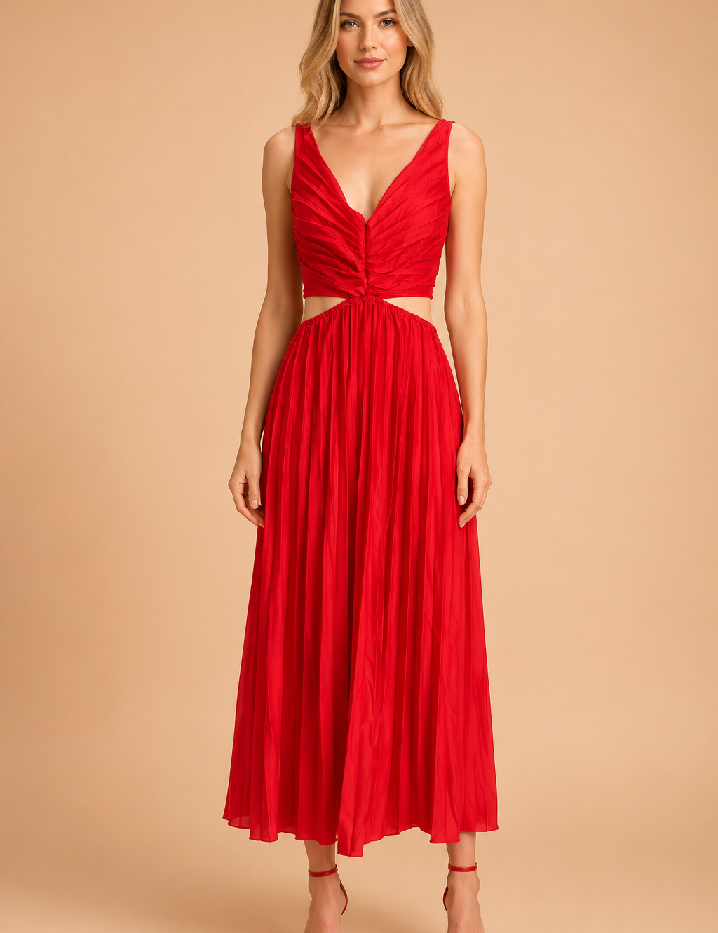 Pleated Midi Dress with V-Neck – Elegant Wedding Guest & Evening Dress