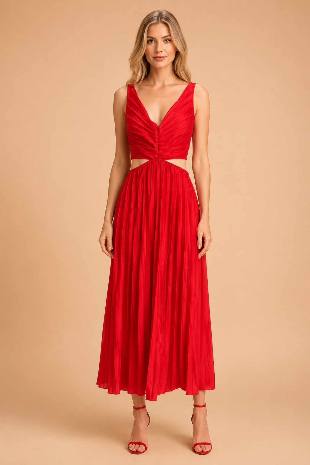 Pleated Midi Dress with V-Neck – Elegant Wedding Guest & Evening Dress
