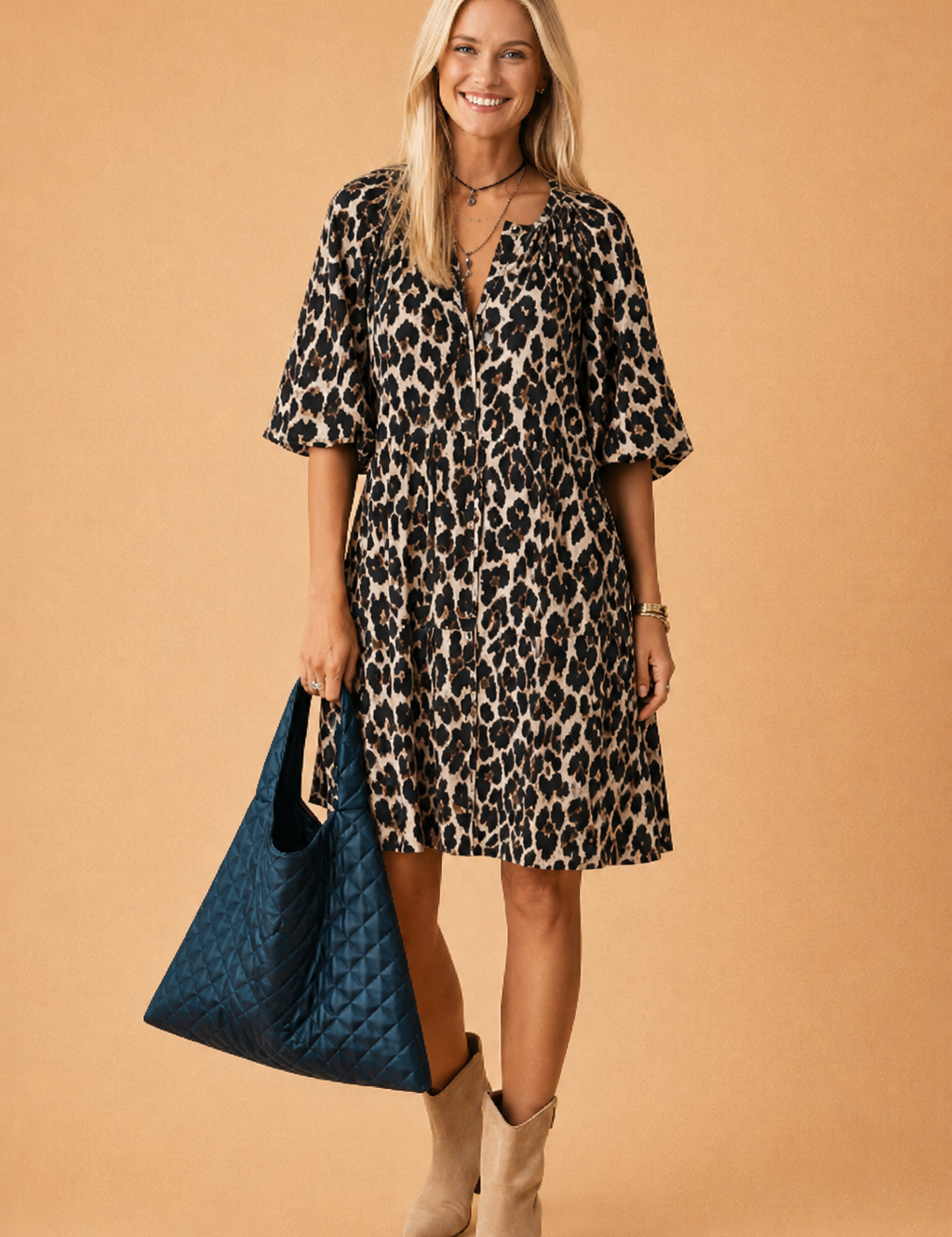 Leopard Print Shirt Dress for Women – A-Line Cotton Summer Dress – Mila
