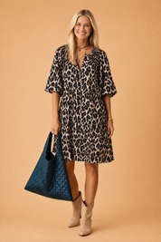 Leopard Print Shirt Dress for Women – A-Line Cotton Summer Dress – Mila