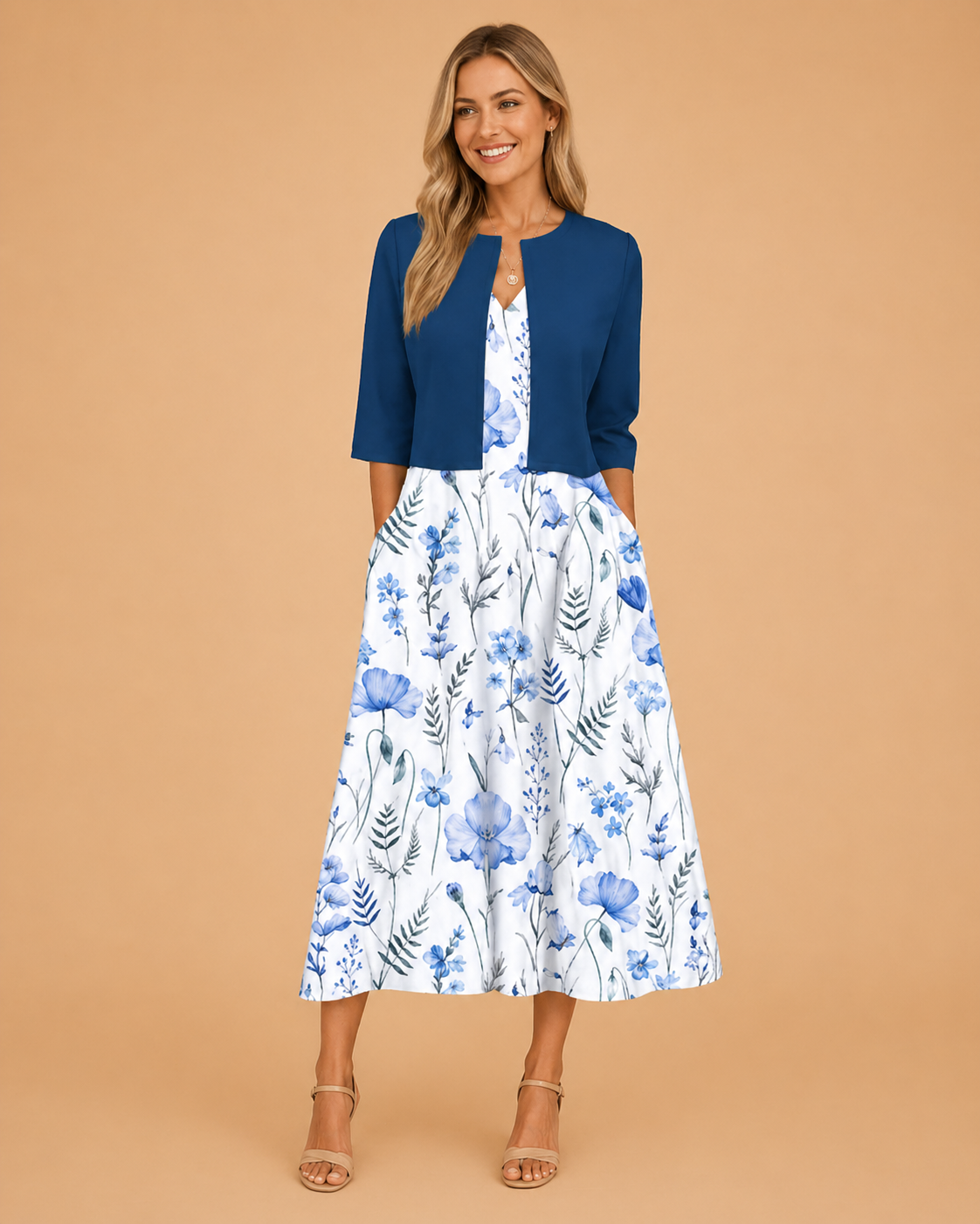 Floral Two-Piece Midi Dress for Women – Elegant Wedding Guest & Summer Dress