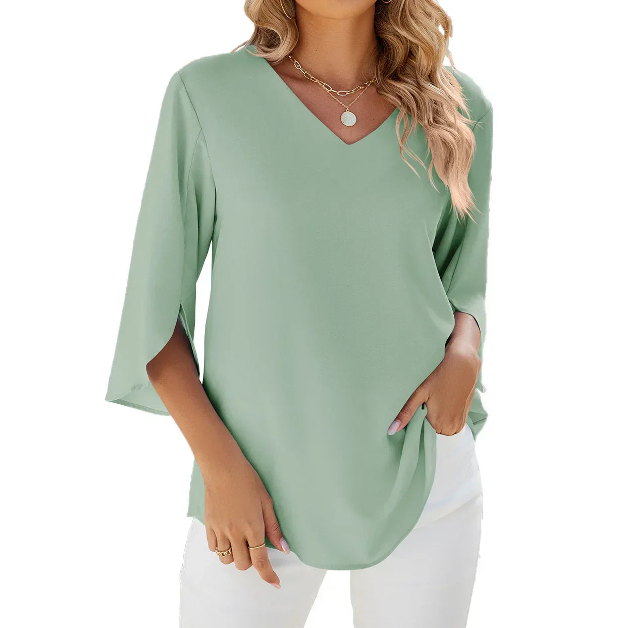 Chiffon V-Neck Blouse for Women – Bell-Sleeve Elegant Blouse – Jamy 2