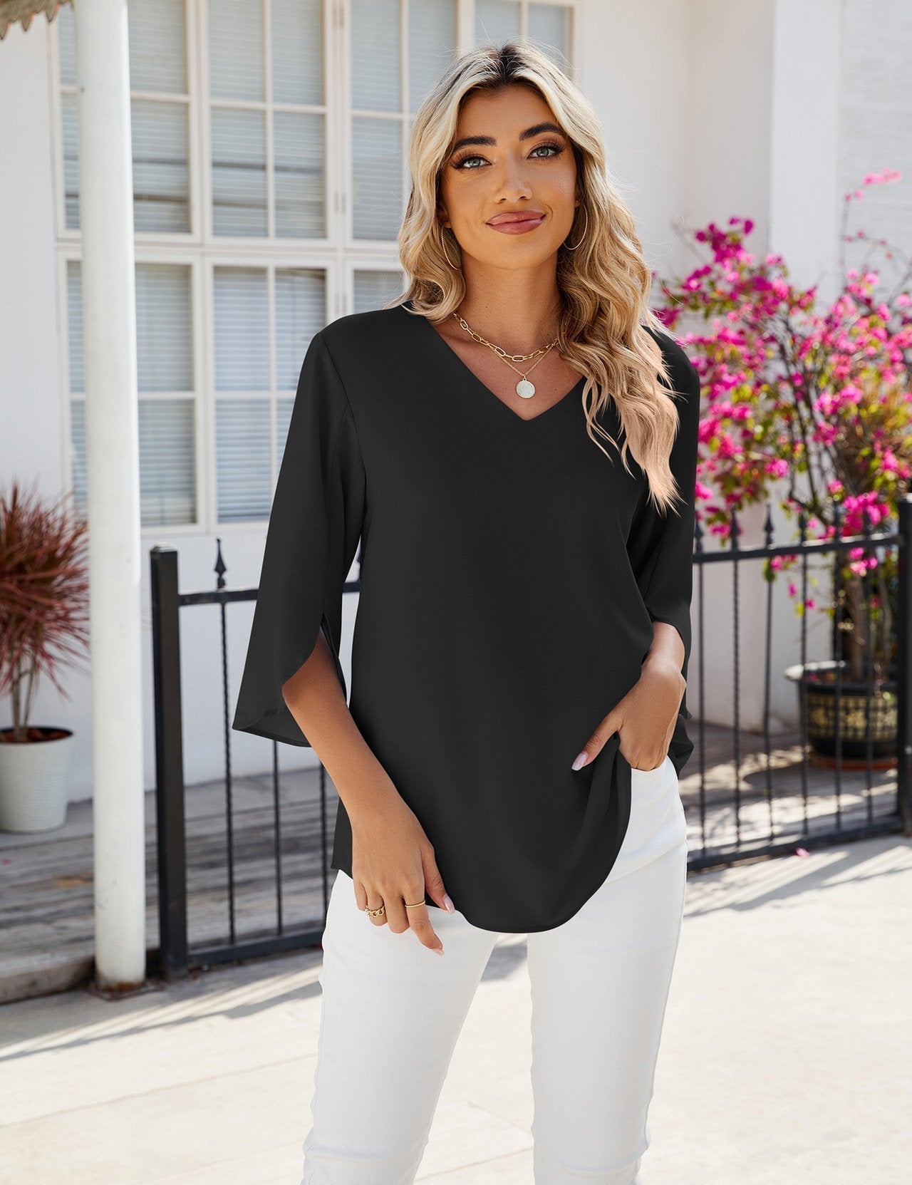Chiffon V-Neck Blouse for Women – Bell-Sleeve Elegant Blouse – Jamy 7
