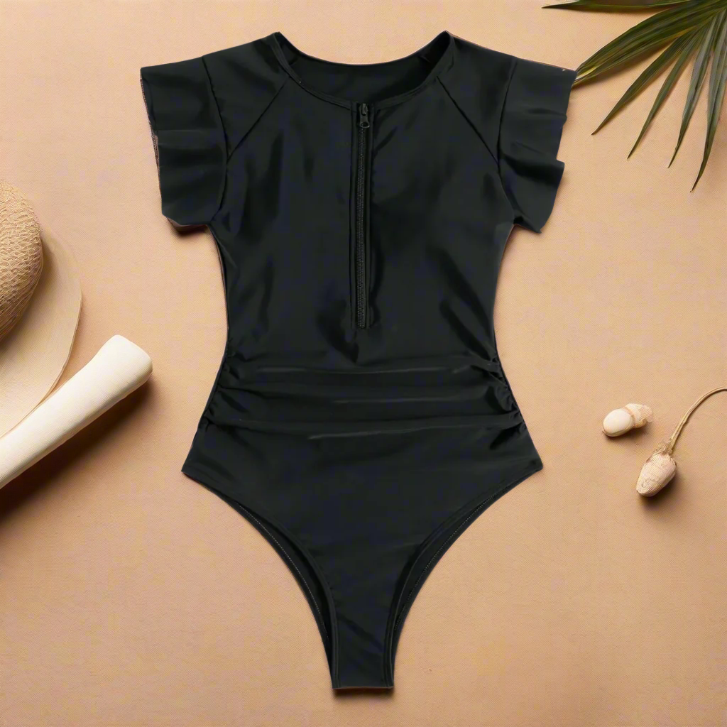 Leaf-Print One-Piece Swimsuit for Women – Zip-Front Bathing Suit for Beach & Pool 0