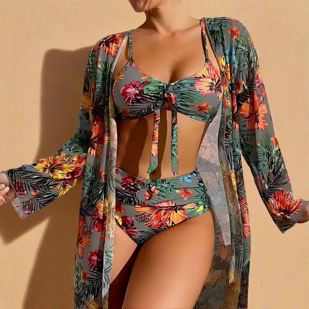 Floral Bikini & Cover-Up Set for Women – Elegant High-Waisted Summer Swimwear 10