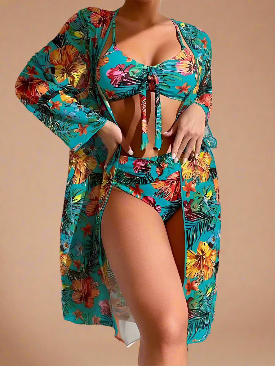 Floral Bikini & Cover-Up Set for Women – Elegant High-Waisted Summer Swimwear 1