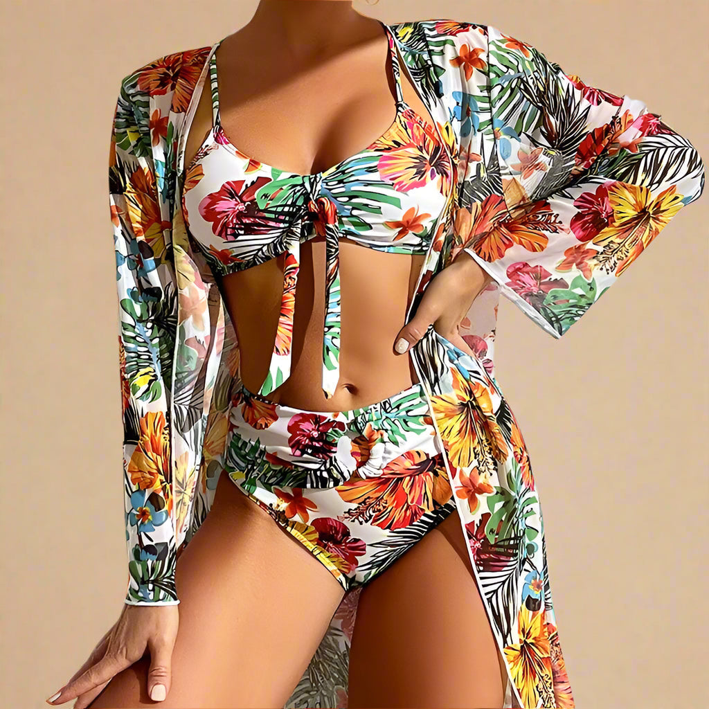 Floral Bikini & Cover-Up Set for Women – Elegant High-Waisted Summer Swimwear 3