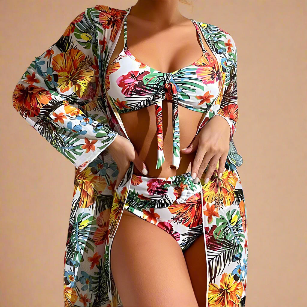 Floral Bikini & Cover-Up Set for Women – Elegant High-Waisted Summer Swimwear 4