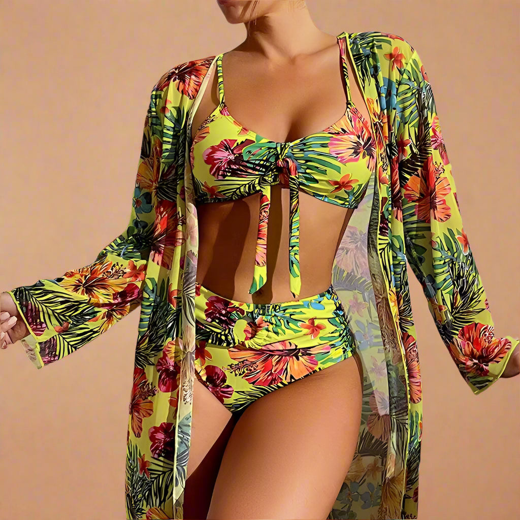 Floral Bikini & Cover-Up Set for Women – Elegant High-Waisted Summer Swimwear 6