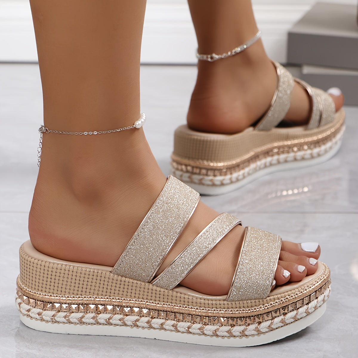 Women's Comfortable Spring Sandals – Champagne Wedge Sandals – Lorelei 2