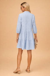 Summer Dress for Women – Light-Blue Gingham Collarless Dress – Ariana