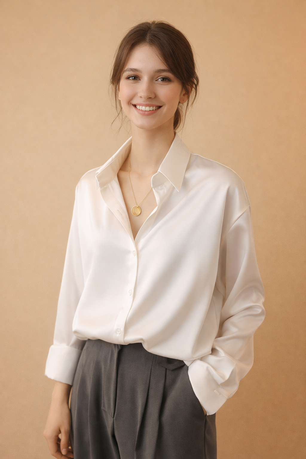 Satin Blouse for Women – Relaxed Casual Button-Up Top – Amily
