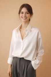 Satin Blouse for Women – Relaxed Casual Button-Up Top – Amily