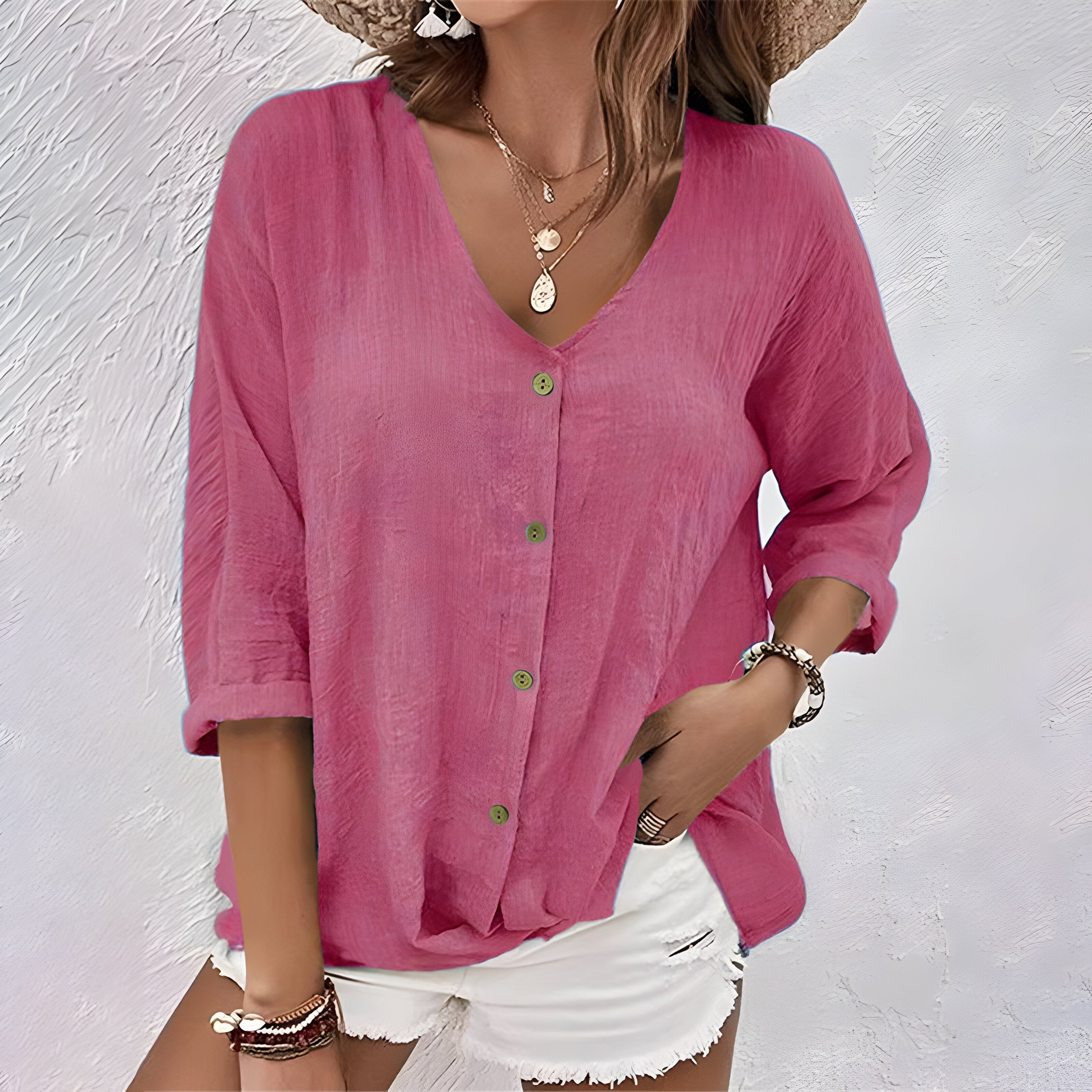 Relaxed Button-Up Blouse for Women – Elegant V-Neck Top 4