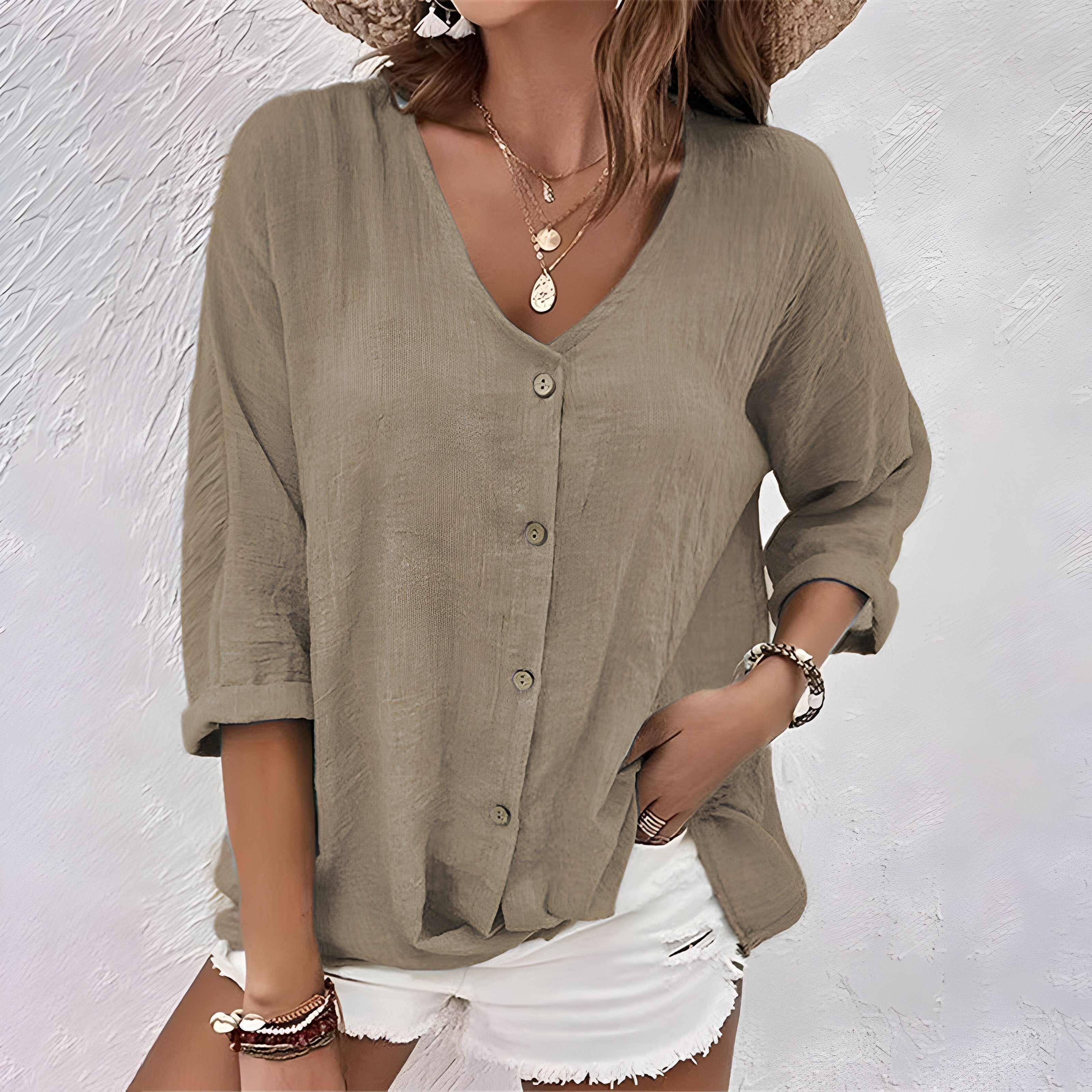 Relaxed Button-Up Blouse for Women – Elegant V-Neck Top 6