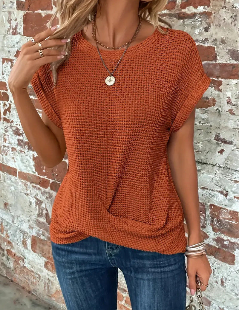 Waffle-Knit Top for Women – Relaxed-Fit Casual Twist-Front Top 0