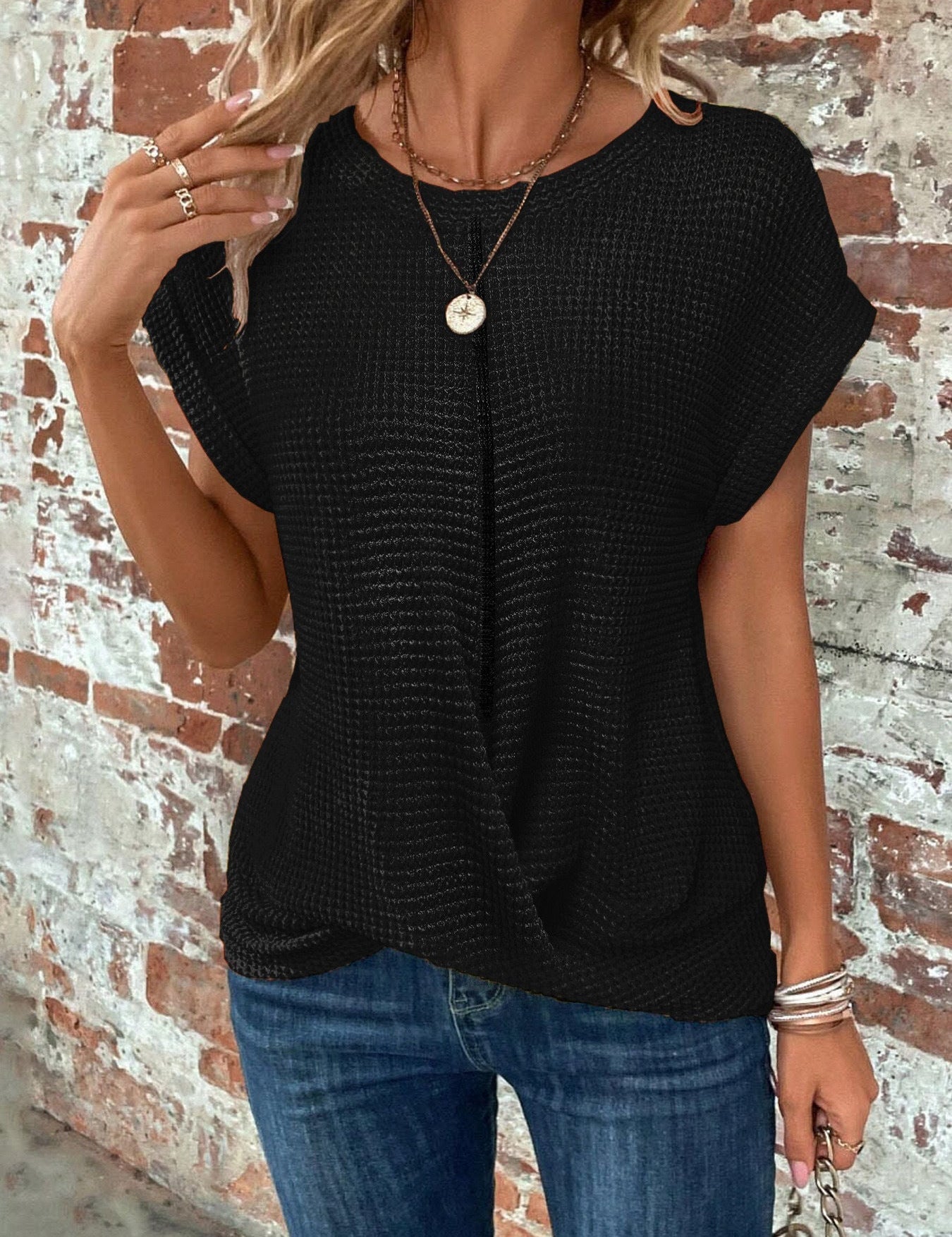 Waffle-Knit Top for Women – Relaxed-Fit Casual Twist-Front Top 8