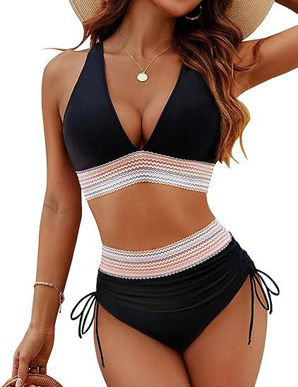 High-Waisted Bikini for Women – Colour-Block Slimming Swimwear with Adjustable Straps 0