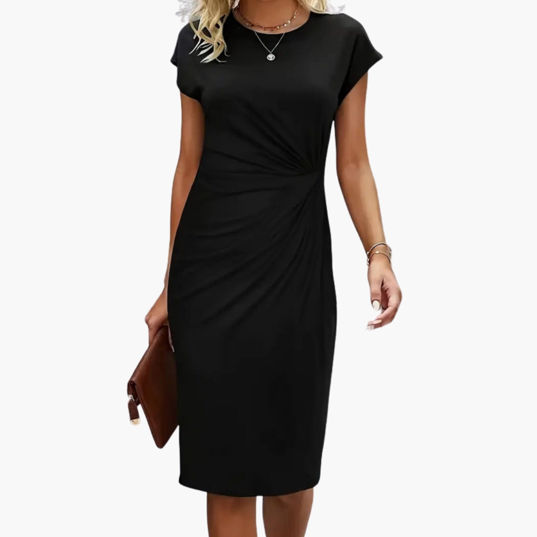 Black Midi Dress for Women – Elegant Wedding Guest Dress with Round Neck & Fitted Waist 0