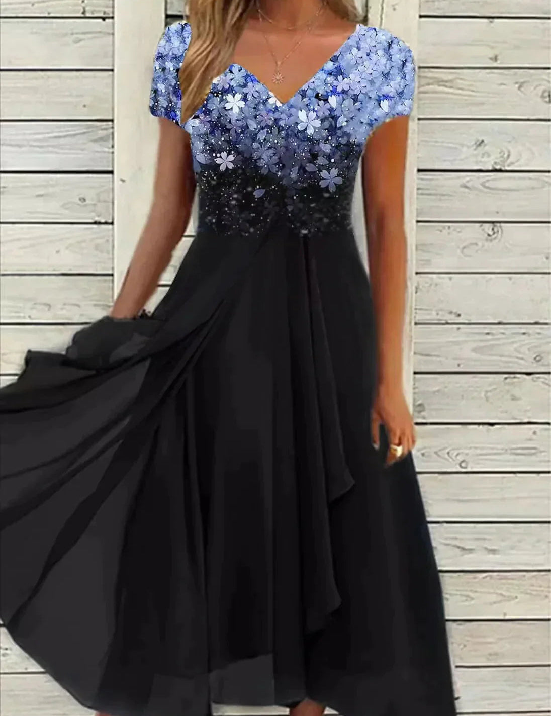 Floral Cocktail Midi Dress for Women – V-Neck Wedding Guest Dress with Floaty Skirt 0